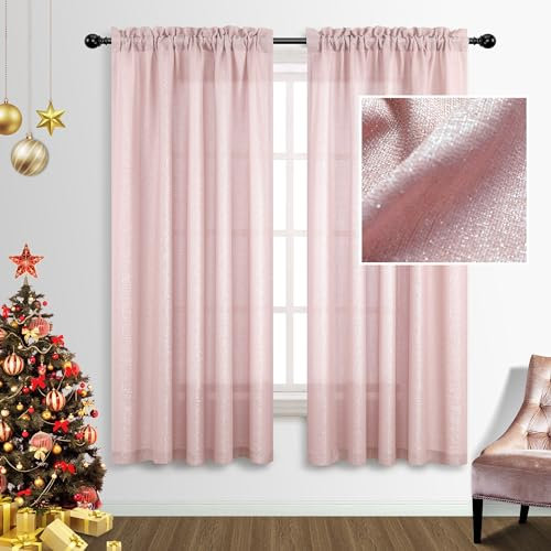 Pink Curtains 63 Inch Length for Teen Girls Room Decor 2 Panels Set Rod Pocket Sheer Semi Blackout Iridescent Silver Sparkle Glam Shimmer Glitter Design Rose Gold Blush Curtain for Bedroom Decorations