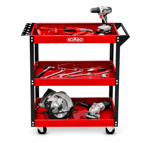 KOMBO - Carrello Portautensili Officina a 3 Ripiani in Acciaio Verniciato, 81x35x80 cm, Portata 150 kg, con Maniglia, Porta Cacciaviti e Ruote 3” – Rosso/Nero