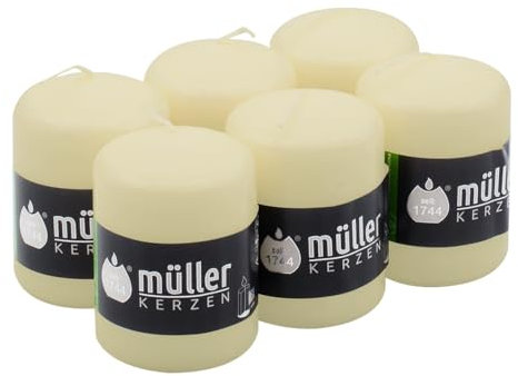 Müller - Velas cilíndricas, color marfil, paquete de 6 velas, 57 x 81 mm, larga duración de 15 horas, cera antigoteo, inodoro, calidad RAL