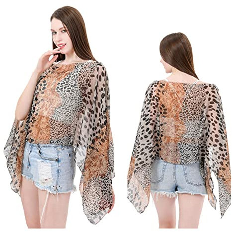 XKUN Badeanzug-Vertuschungen Spitze Leopardenmuster Seidenschal Summer Beach Handtuch Uv Chiffon Sonnenschutzschal Frauen Langer Umhang Transparent Sonnenbluse-Khaki,96X150Cm