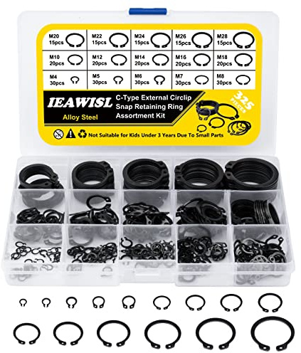 IEAWISL 325 Stk Sprengring, 15 Größen M4-M20, C-Clip für Wellenbolzen | Legiertem stahl, M4/5/6/7/8/10/12/14/16/18/20/22/24/26/28, Für automobile, ventile, lager, maschinen, Zugfestigkeit