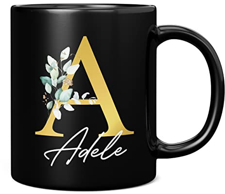 Personalised Letter A Floral Mug Initial with Name, Customised Gift, Gold Effect Printed Letter, NOT Metallic - Ceramic Coffee Cup for Men or Women, Extra Large and Giant Mug, 11oz Black Cup
