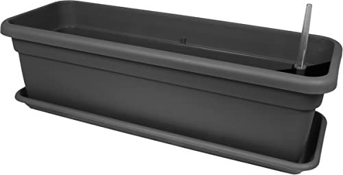 MePla - XXL Balkonkasten mit Bewässerung Länge 60 cm + Untersetzer 57 cm - Anthrazit, Blumenkübel - Pflanzentopf - Pflanzenkasten aus wetterfest UV-beständigem Kunststoff