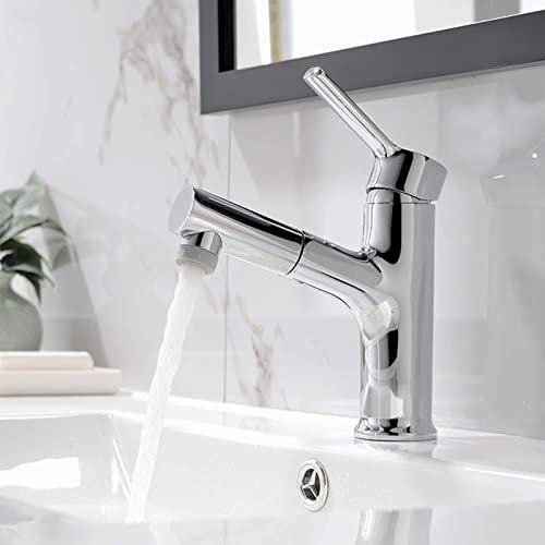 Wasserhahn Bad mit Herausziehbarer Brause Einloch-Waschtischarmatur Wasserhahn Bad mit Zugstange,Chrom