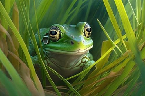 adrium Acryl-Bild 110 x 70 cm: grüner Frosch im Gras, der aus grünen Grashalmen herausschaut, erstellt mit generativer KI (200207405)