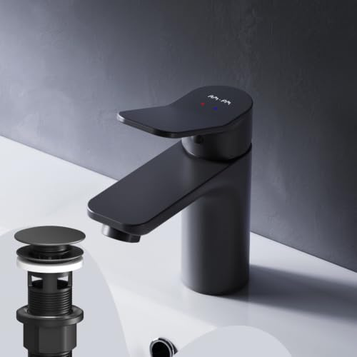AM.PM X-Joy - Wassersparende Einhebel-Waschtischarmatur, kratzfester Wasserhahn, leicht zu reinigen, mit Klick- Ablaufgarnitur, Auslaufhöhe 79mm, Schwarz matt