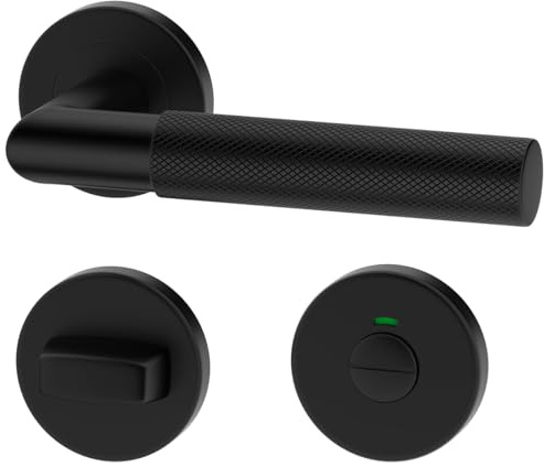 ERGO line BAUHAUS Modern, Edelstahl Türbeschlag Türgriff für Badtüren WC Schwarz Matt L-FORM, Rund-Rosette Drückergarnitur, Türklinke, Türdrücker