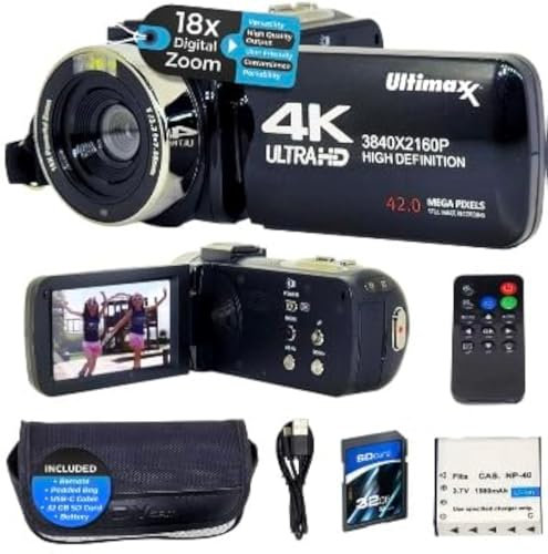 Ultimaxx 4K Camera Camcorder 42MP Video Recorder Camera Support Vlogging YouTube TikTok Digital Camcorder with 3 LCD Screen,18X Digital Zoom for Adults Kids Teens Beginners