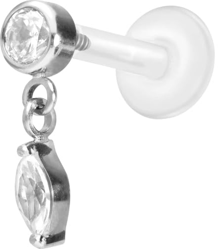 PIERCINGLINE PTFE Labret mit Innengewinde + Titan-Aufsatz KRISTALL + KRISTALLTROPFEN Piercing Lippe Nase Ohr Helix Tragus Medusa Farb & Größenauswahl