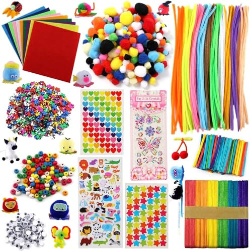 DOITEM DIY Kunsthandwerk Zubehör für Kinder - Über 1000 Stück bunte und kreative Kunst, enthält Pom Poms, Pfeifenreiniger, Filz, Eiszapfen Blätter Perlen Pailletten für Kinder und Kleinkinder