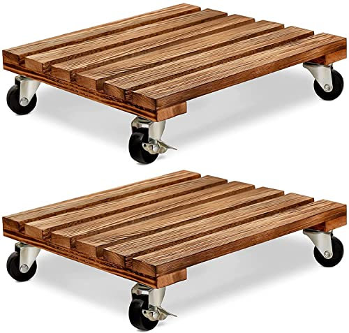 PETSUPS 2 Pack Plant Caddy with Wheels 30cm Square Wooden Plant Pot Trolley Plant Pot Caddy with Metal Brake Wheel,Wheels Heavy Duty Rolling Plant Stand Plant Dolly for Indoor Outdoor Home Garden