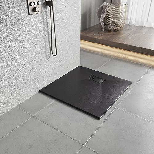 Heilmetz Piatto doccia 80x80 cm piatto,Piatto doccia Nero antiscivolo effetto pietra + copertura SMC, apertura di scarico Ø 90 mm (senza sifone