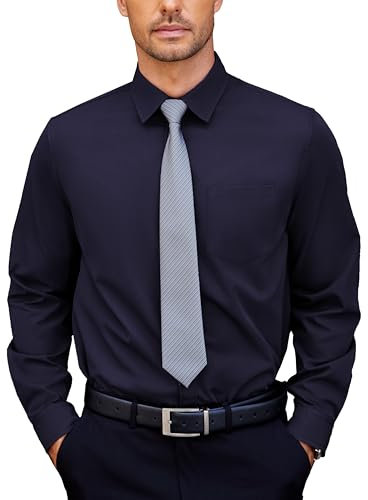 COOFANDY Mens Shirts Long Sleeve Smart Casual Shirt Plain Dress Shirts Non Iron Stretch Office Shirt with Pocket Navy Blue XL