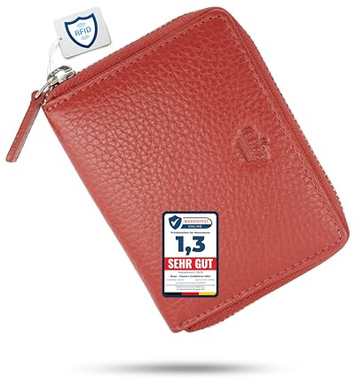 Baur Damen Geldbörse Echt Leder Geldtasche | Mini-Geldbeutel mit RFID Schutz | kleines Portemonnaie mit 6 Kartenfächer | Schein- & Münzfach | Rundumreißverschluss (Silber Reißverschluss, Rot)