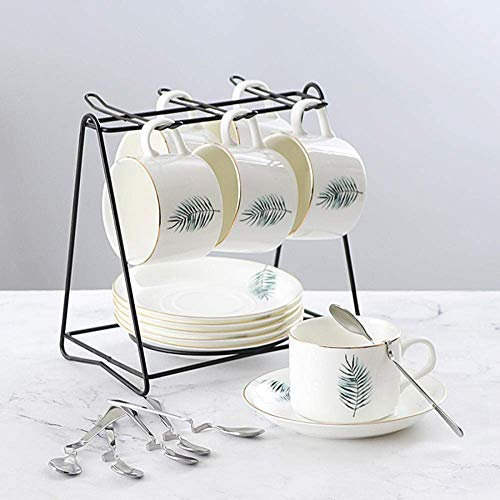 asdchZen Service à thé Continental pour la maison, 6 tasses à café blanc, support de 150 ml (feuille verte [6 tasses + 6 disques])