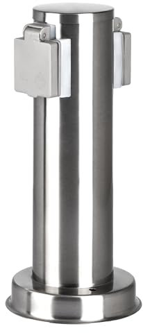 Garten Steckdose Steckdosensäule aus Edelstahl mehrfach, max. 3680 Watt, IP44 wetterfest, Outdoor Außenbereich, rund silber