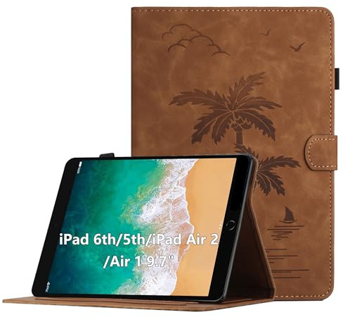 Oduio Hülle für iPad 9.7 Zoll 2018/2017(6./5.Generation), Premium PU Leder Multi-Winkel Folio Schutzhülle mit Kartenschlitz und Auto Schlaf/Wach Funktion für iPad 5/6/Air 2/Air 1, Braun