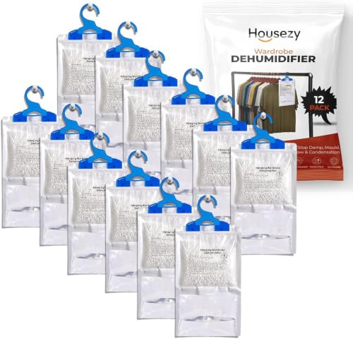 Housezy Wardrobe Dehumidifier Hanging Bags, Pack Of 12 Moisture Absorbers, Ideal to stop damp & condensation- For Wardrobe, Home, Kitchen, Garage, Bedroom, Caravan, Office, Basement etc