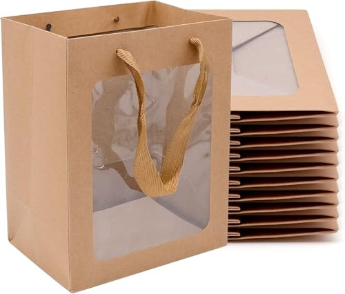 Serenelight Geschenktasche mit Sichtfenster - 12 Stück Papiertüten Braun - 180GSM Papiertüten mit Henkel - 30x20x16cm Kraftpapier Geschenktüten mit Fenster - Verpackungstüten Geburtstag Hochzeit