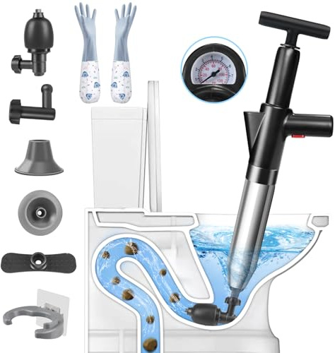 inShareplus WC-Saugglocke, schwarz, robust, Hochdruck-Saugglocken-Set mit 4 austauschbaren Köpfen und 1 Handschuhen, Kolben zum Entsperren von Toiletten, Waschbecken, Badewanne, Boden