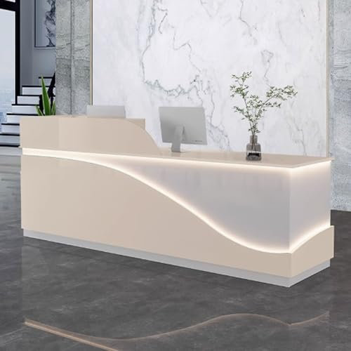 GUQASDV Reception Desk Salon, Bürotheke Reception Tisch, Empfangstresen für Praxis, Rezeptionstheke Holzwerkstoff mit Sanfter Beleuchtung für Lobby, Salon(Beige+White,140cm)
