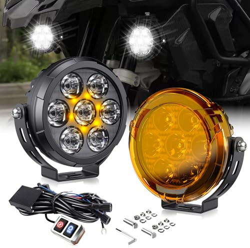 BraveWAY 4.5 Pouces Feux Additionnels Moto 140W 15530LM Phare LED Auxiliaire Antibrouillard avec DRL 7 Modes Stroboscopiques Comprend Un Plastron Ambré Un Faisceau de Câbles et 2 Supports de Montage