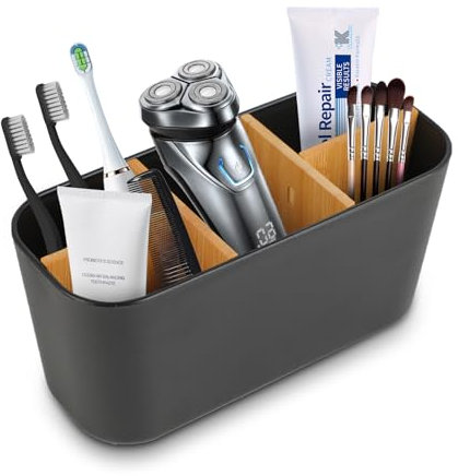 Porta Spazzolini in Bambù - Porta spazzolini bagno 21 x 11 x 10 cm - Materiale in Bambù - Supporto Multifunzionale per Spazzolino Elettrico - Organizer per Bagno e Ufficio (Nero)