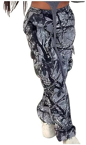 KUIH Womens Camo Cargo Pants Clearance Mid Waist Straight Leg Baggy Camouflage Cargo Sweatpants Streetwear Trousers with Pockets Wide Legs Pant Loose Fit Gym Hiking Outdoor Trouser Spring Fall