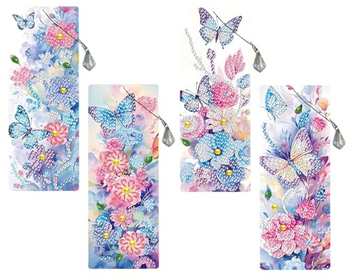 4 Stück Schmetterling Diamond Painting Lesezeichen, Diamond Painting Kinder mit Anhänger Kristall, Diamant Painting Kinder zum Geburtstag Abschluss für Schüler Buchliebhaber