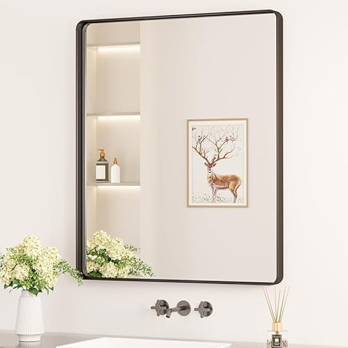 Keonjinn Wand Spiegel Schwarz 75x90cm, Badezimmerspiegel Badspiegel mit Metallrahmen, Gehärtetes Glas Rechteckiger Spiegel Flur für Badezimmer, Wohnzimmer, Schlafzimmer, Wanddekoration