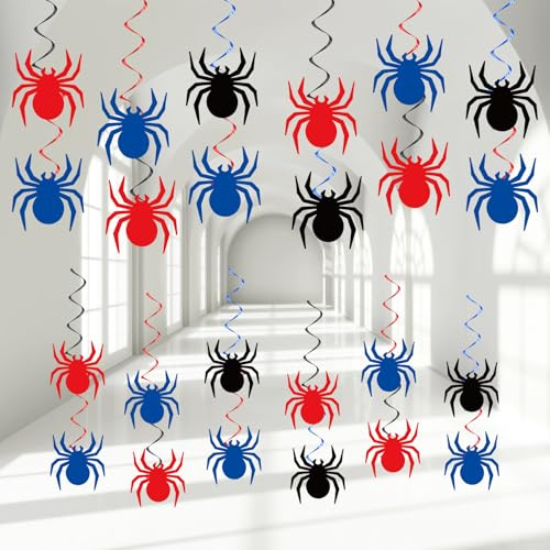 72pcs Super Theme Hero Hanging Swirl Decorations Spiders Paper Cutouts Hero Party Supplies for Indoor Outdoor Home Door Office Classroom Ornaments Comic Spider Web Birthday Halloween Parties Decor