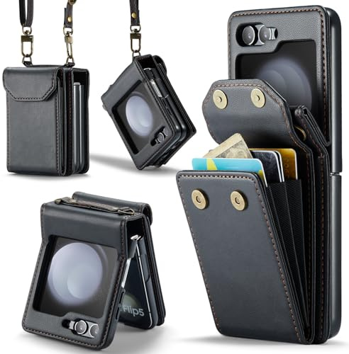 Phone Case for Samsung Galaxy Z Flip 6 5G/Z Flip7 FE Wallet Cell Cover with Wrist Lanyard Crossbody Strap RFID Blocking Stand Credit Card Holder Slot ZFlip6 Z6 Flip6 ZFlip 6Z 7FE Women Men Black
