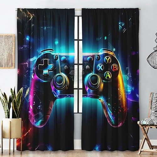 ZZTBQ Gamer Verdunklungsvorhänge Ösen Kurze Gardine Blickdicht Gardienen Gaming2er Set H 137 x B 132 cm Kinderzimmer Spielzimmer Vorhang Bunt 1 Blickdicht Gardinen