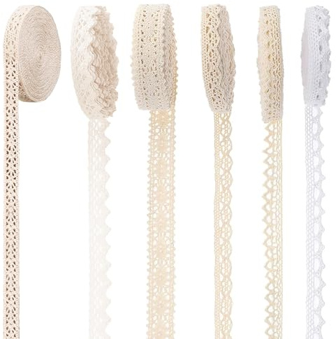 Omnikryp 6 Rollos Cintas de Encaje, 30 m Algodón Vintage Puntillas de Encaje, Delicada Decorativa Encajes y Puntillas para Costura, Decoración de Bodas, Fiestas, Envoltura de Regalos (Beis)