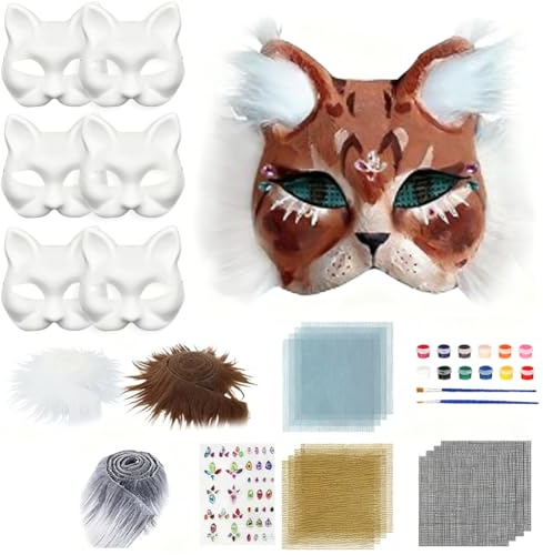 FARYODI Katzenmasken zum DIY Bemalen, Papier Masken mit Kuns Fell und Eye Mesh, Weiße Therian Halbmasken, Unbemalt Masken für Cosplay Party, Halloween, Karneval, Maskerade (A-Katzenmasken)