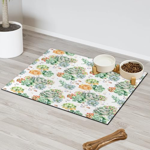 Colorful Succulent Plants Pet Feeding Mat for Cat Dog Water Bowl Food Mats Succulent Pattern Pet Feeding Mats Absorbent Nti-Slip Contain Spills Protects Floors Placemat 40.6 x 60.9 cm