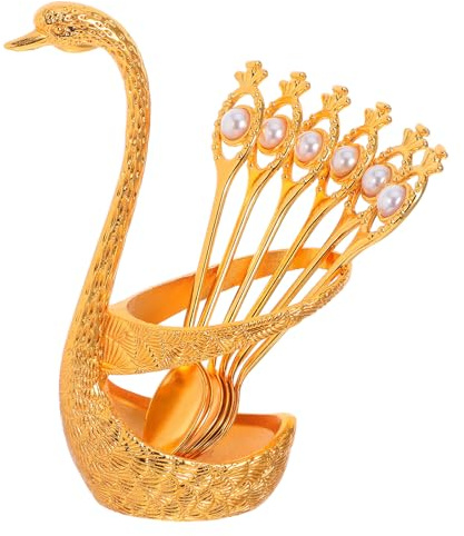 DEARMAMY Cuillères à Café et Dessert Doré avec Support Forme Cygne Porte-cuillères Élégant pour Service Espresso Pâtisseries et Fruits Set avec Socle Artistique pour Cuisine et Fêtes