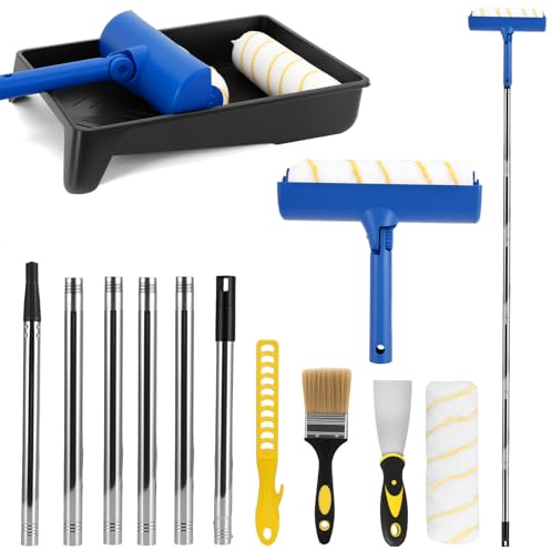 Paint Rollers and Tray Set, 12pcs Paint Roller Kit 9 Inch Paint Rollers with 1.8M Extension Pole, Wallpaper Scraper Paint Stirrer Tapered Adapter Paint Roller Set for Wall Painting and Decorating