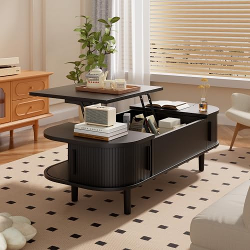 PURFINO Couchtisch mit Hebeplatte – Moderner Holztisch mit Einzigartiger Textur & Verstecktem Stauraum, Kaffeetisch für Wohnzimmer, Schlafzimmer, Kleine Räume, Home Office