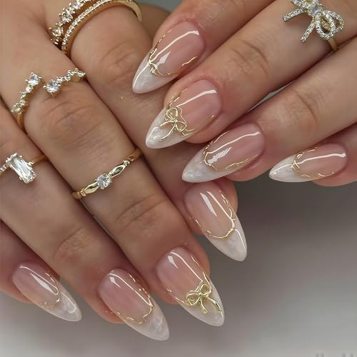 24PCS Almond False Nails, White Pearl French Tip Nails Press Ons with Golden Bow Design, Short Ballerina Acrylic Nail in 12 Sizes, Includes Nail File & Sticky Tabs