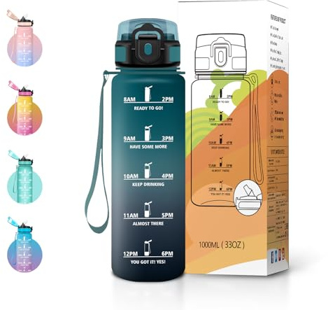 JAPORIA Borraccia Palestra 1L, Borraccia con Cannuccia, Indicatore del Tempo, Senza BPA, a Prova di Perdite, Bottiglia Acqua Riutilizzabile per Fitness, Studenti e Ufficio