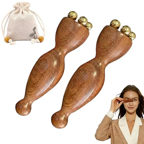 PYRUVAE 2 Pièces Masseur Visage en Bois, Rouleau de Massage Visage et Yeux avec Perles Métalliques, Outil de Soin Anti-Rides pour Femme et Fille, avec Sac de Rangement en Coton et Lin