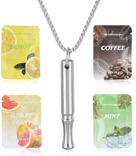 JHAZUN Collier Respiratoire Réglable 4 Filtres Aromathérapie Entraîneur Résistance Anti-Stress Apaisant Pleine Conscience Menthe Café Yuzu Citron Argent