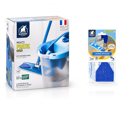 Éléphant — Kit de Lavage Multipratic Duo | Seau Double Compartiment + Balai Plat + 2 Housses Microfibre | Sols jusqu'à 50 m² | Fabriqué en France | 85% Plastique Recyclé