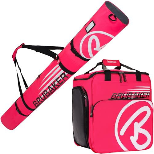 BRUBAKER Kombi Set Champion - Limited Edition - Skisack und Skischuhtasche für 1 Paar Ski bis 170 cm + Stöcke + Schuhe + Helm Pink Weiss