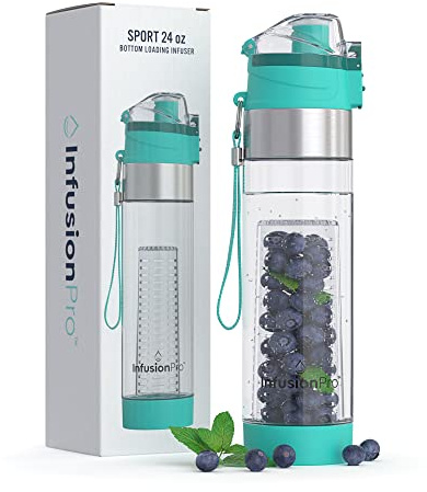 Infusion Pro Fruit Infuser Water Bottler, Insulated Sleeve & Fruit Infused Water eBook : Bottom Infuser for More Flavor : Locking Flip Top Lid : Unique Gift Idea - Teal
