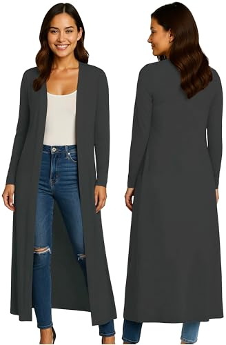 Re Tech UK Ladies Womens Maxi Plus Size Long Cardigans for Women UK Collared Top Long Full Sleeve Floaty Women's Cardigans Coatigans Sizes 8-26 (Charcoal - XL)