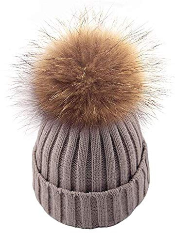 salefun Damen Strick-Mütze gefüttert mit Fell-Bommel, Kunstfell, Winter-Mütze, Bommelmütze Winter Strickmütze Weihnachten Geschenk