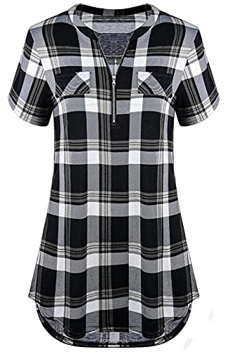 Odosalii Chemisier à carreaux, pour femme, avec un col en V, des manches longues et retroussables en 3/4, une fermeture éclair, haut,tunique, long t-shirt, Carreaux noirs - Manches courtes., XL
