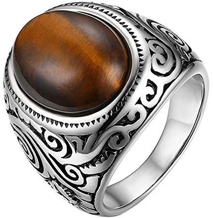 JewelryWe Herren-Ring, Edelstahl Retro Klasische geschnitzt Blumen Muster Kunststein Ring Band, Silber